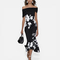 Floral Off-Shoulder Wedding Guest Midi Dress with Ruched Detail