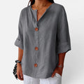 Blouse Button Front Linen Look V Neck Half Sleeve
