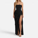 Maxi Dress Ruched Strapless High Slit Sleeveless
