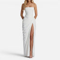 Maxi Dress Ruched Strapless High Slit Sleeveless