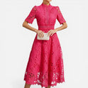 Women's Eyelet Midi Dress with High Neck and Short Sleeves