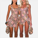 Sequin Mini Dress Sleeveless Square Neck Geometric Print