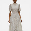 Women's Eyelet Midi Dress with High Neck and Short Sleeves