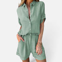 Two Piece Shorts Set Button Front Collared Short Sleeve