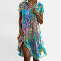 Midi Dress Floral Short Sleeve V Neck Print