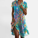 Midi Dress Floral Short Sleeve V Neck Print