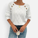 Cable Knit Button Detail Crew Neck Long Sleeve Sweater