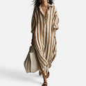 Maxi Shirt Dress Relaxed Fit Striped Collared Long Sleeve