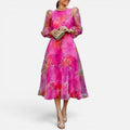 Floral Wedding Guest Midi Dress with Sheer Puff Sleeves