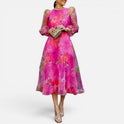 Floral Wedding Guest Midi Dress with Sheer Puff Sleeves