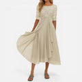 Draped Midi Dress A Line Round Neck Three Quarter Sleeve