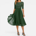 Draped Midi Dress A Line Round Neck Three Quarter Sleeve