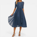 Draped Midi Dress A Line Round Neck Three Quarter Sleeve