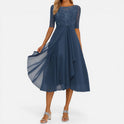 Draped Midi Dress A Line Round Neck Three Quarter Sleeve