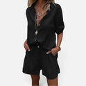 Two Piece Shorts Set Button Front Collared Short Sleeve
