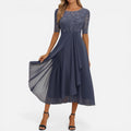 Draped Midi Dress A Line Round Neck Three Quarter Sleeve