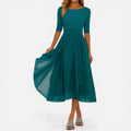 Draped Midi Dress A Line Round Neck Three Quarter Sleeve
