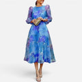 Floral Wedding Guest Midi Dress with Sheer Puff Sleeves