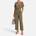 Plain Jumpsuit Wrap V Neck Short Sleeve