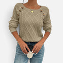Cable Knit Button Detail Crew Neck Long Sleeve Sweater
