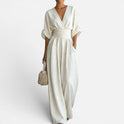 Jumpsuit Deep V Neck Wide Leg Three Quarter Sleeve