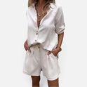 Two Piece Shorts Set Button Front Collared Short Sleeve