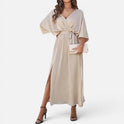Women's V-Neck Maxi Dress with Belt and Side Slit