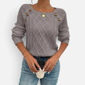 Cable Knit Button Detail Crew Neck Long Sleeve Sweater