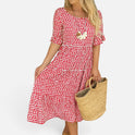 Midi Dress Tiered Polka Dot Round Neck Short Sleeve