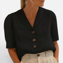 Button Blouse Front Short Sleeve Notch Collar