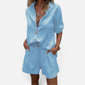 Two Piece Shorts Set Button Front Collared Short Sleeve