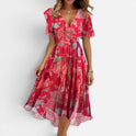 Midi Dress Smocked Waist V Neck Short Sleeve Floral