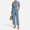 Plain Jumpsuit Wrap V Neck Short Sleeve