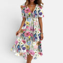 Midi Dress Smocked Waist V Neck Short Sleeve Floral