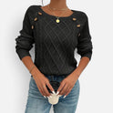 Cable Knit Button Detail Crew Neck Long Sleeve Sweater