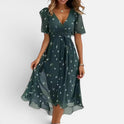 Midi Dress Smocked Waist V Neck Short Sleeve Floral
