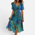 Midi Dress Smocked Waist V Neck Short Sleeve Floral