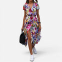 Wrap Midi Dress Short Sleeve Floral V Neck