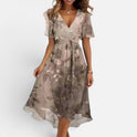 Midi Dress Smocked Waist V Neck Short Sleeve Floral