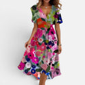 Midi Dress Smocked Waist V Neck Short Sleeve Floral