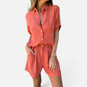 Two Piece Shorts Set Button Front Collared Short Sleeve