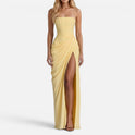 Maxi Dress Ruched Strapless High Slit Sleeveless