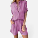 Two Piece Shorts Set Button Front Collared Short Sleeve