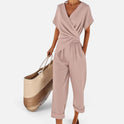 Plain Jumpsuit Wrap V Neck Short Sleeve