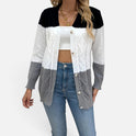 Cable Knit Button Front Long Sleeve Color Block Cardigan