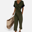 Plain Jumpsuit Wrap V Neck Short Sleeve