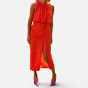 Midi Dress Sleeveless Gathered Round Neck Side Slit
