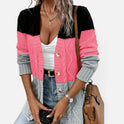Cable Knit Button Front Long Sleeve Color Block Cardigan