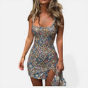 Sequin Mini Dress Sleeveless Square Neck Geometric Print