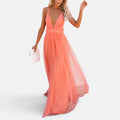 Elegant Tulle Maxi Wedding Dress with Deep V-Neck and Strappy Back